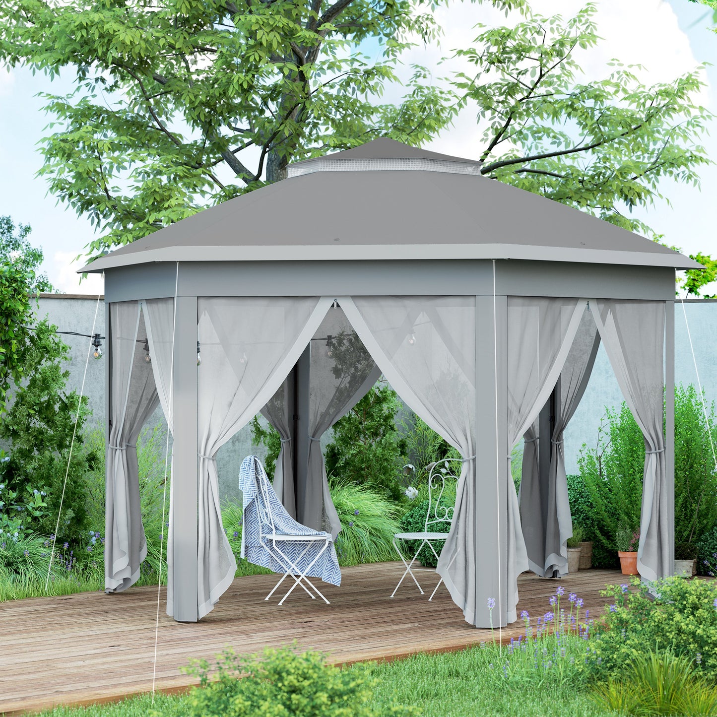 3 x 4m Garden Gazebo Hexagon Pop Up Party Tent Canopy Double Roof Instant Shelter with Netting and Carry Bag for Outdoor Patio, Dark Grey