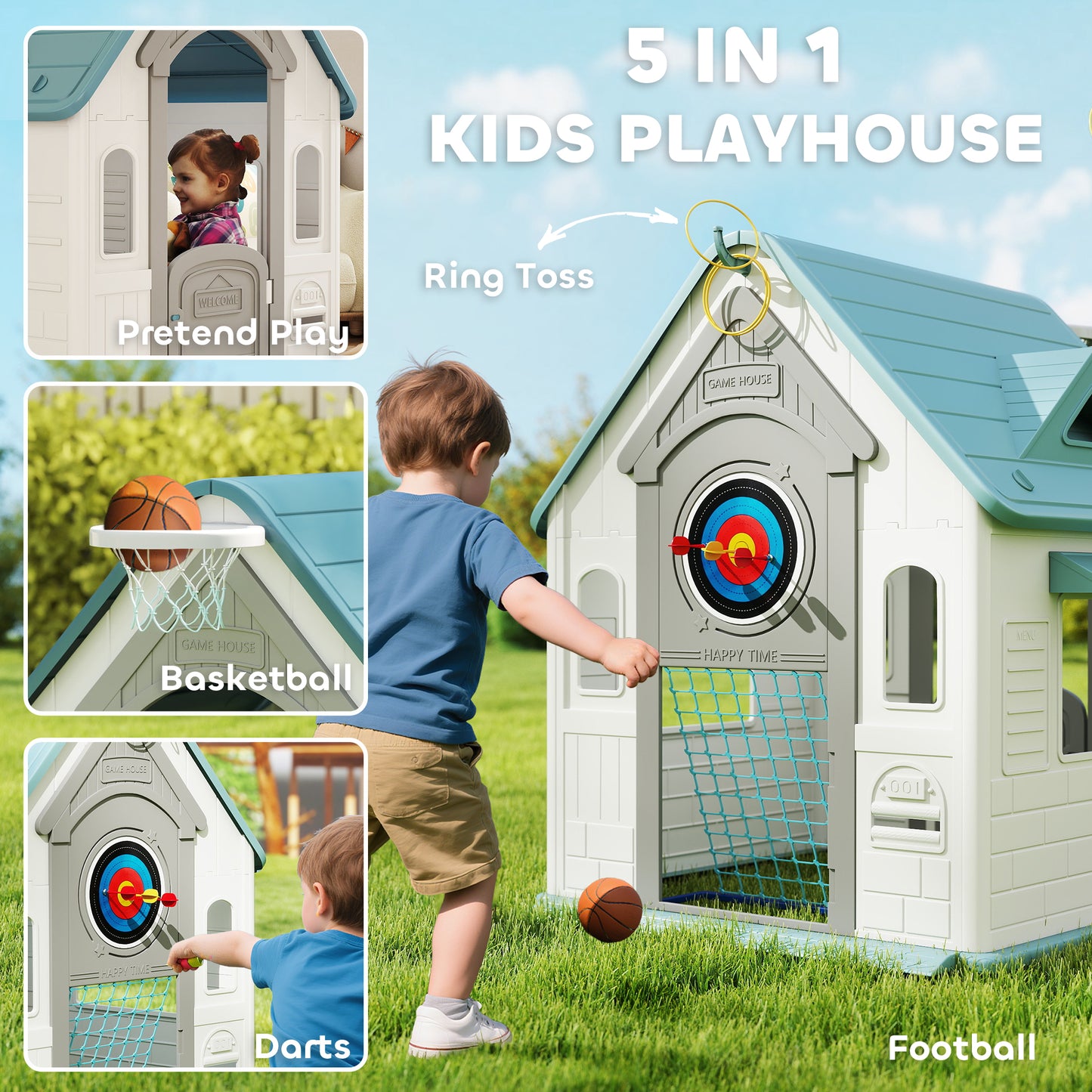 AIYAPLAY 5-in-1 Playhouse for Kids Outdoor Indoor with Basketball Hoop, Football Goal, Dartboard, Ring Toss for 2-5 Years, Beige / Pink