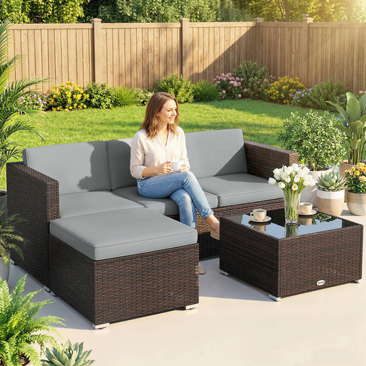 3 Piece Rattan Garden Sofa Set | 3 Seater Sofa | Ottoman | Coffee Table | Tempered Glass | Galvanised Steel | Hand-Woven PE Rattan | Zipped Cushions | 360kg | Light Grey