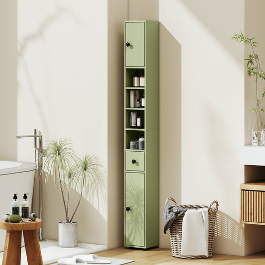Kleankin 180cm Slim Bathroom Cabinet, with Drawer, Shelves and Cupboards - Green