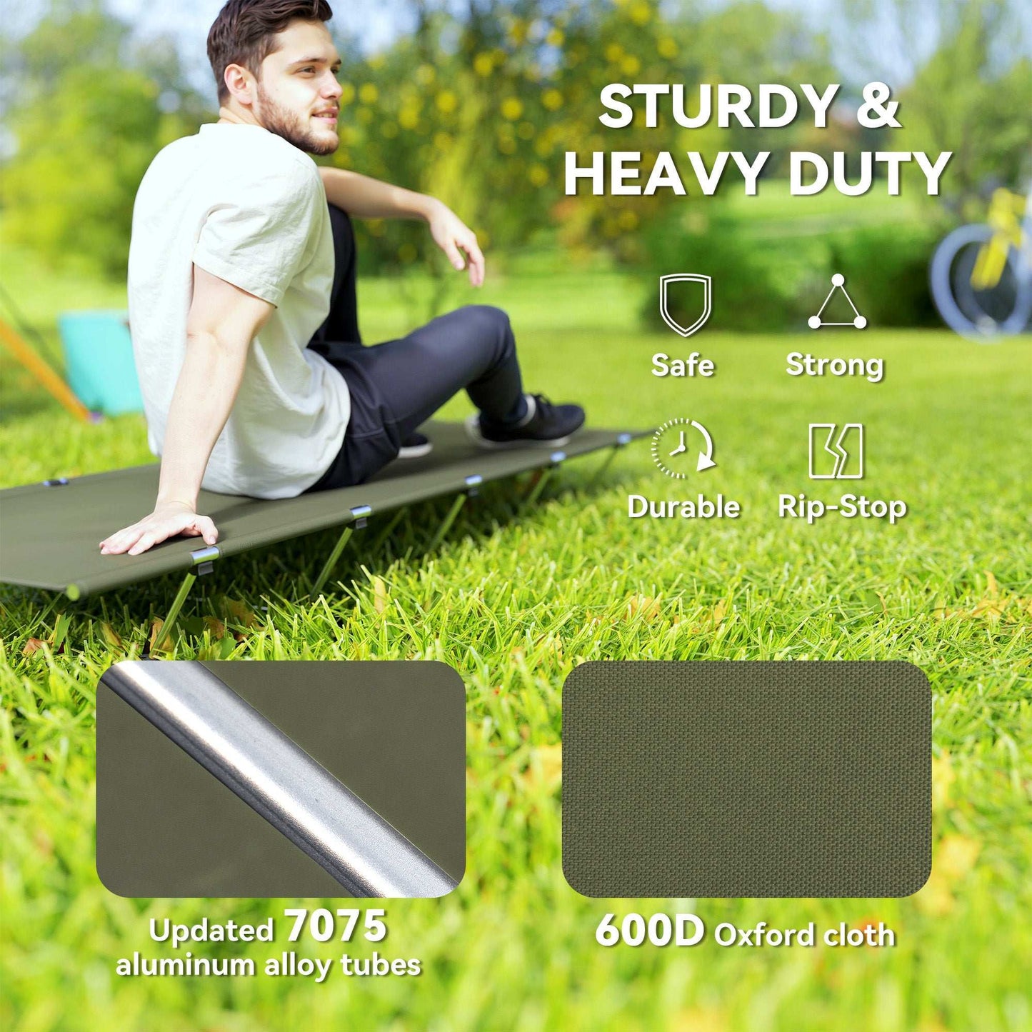 Outsunny Lightweight Camping Bed, w/ Strong Support 150kg and Carry Bag for Camping, Dark Green