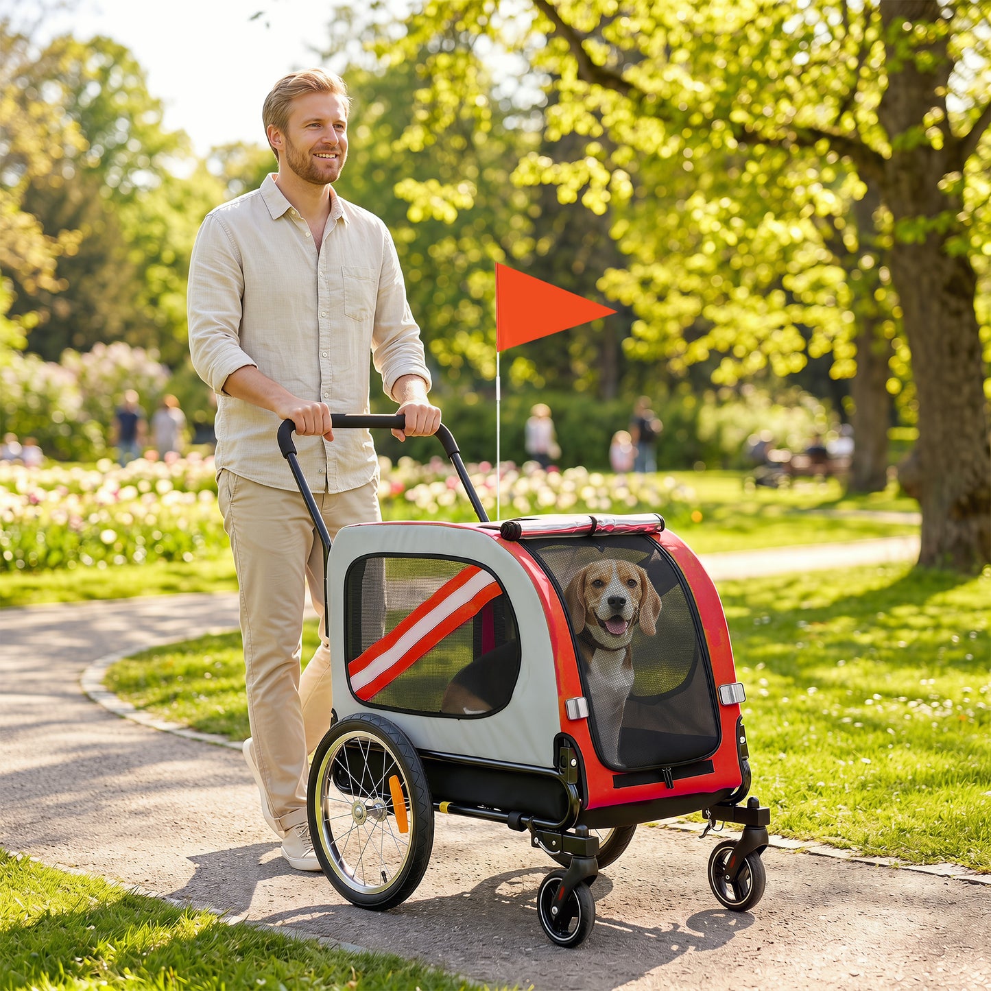 2-in-1 Dog Bike Trailer & Stroller | Mesh Windows | Plastic Curtain | Safety Harness, Flag & Reflectors | Foldable Quick-Release Wheels | Dogs up to 20kg | Red