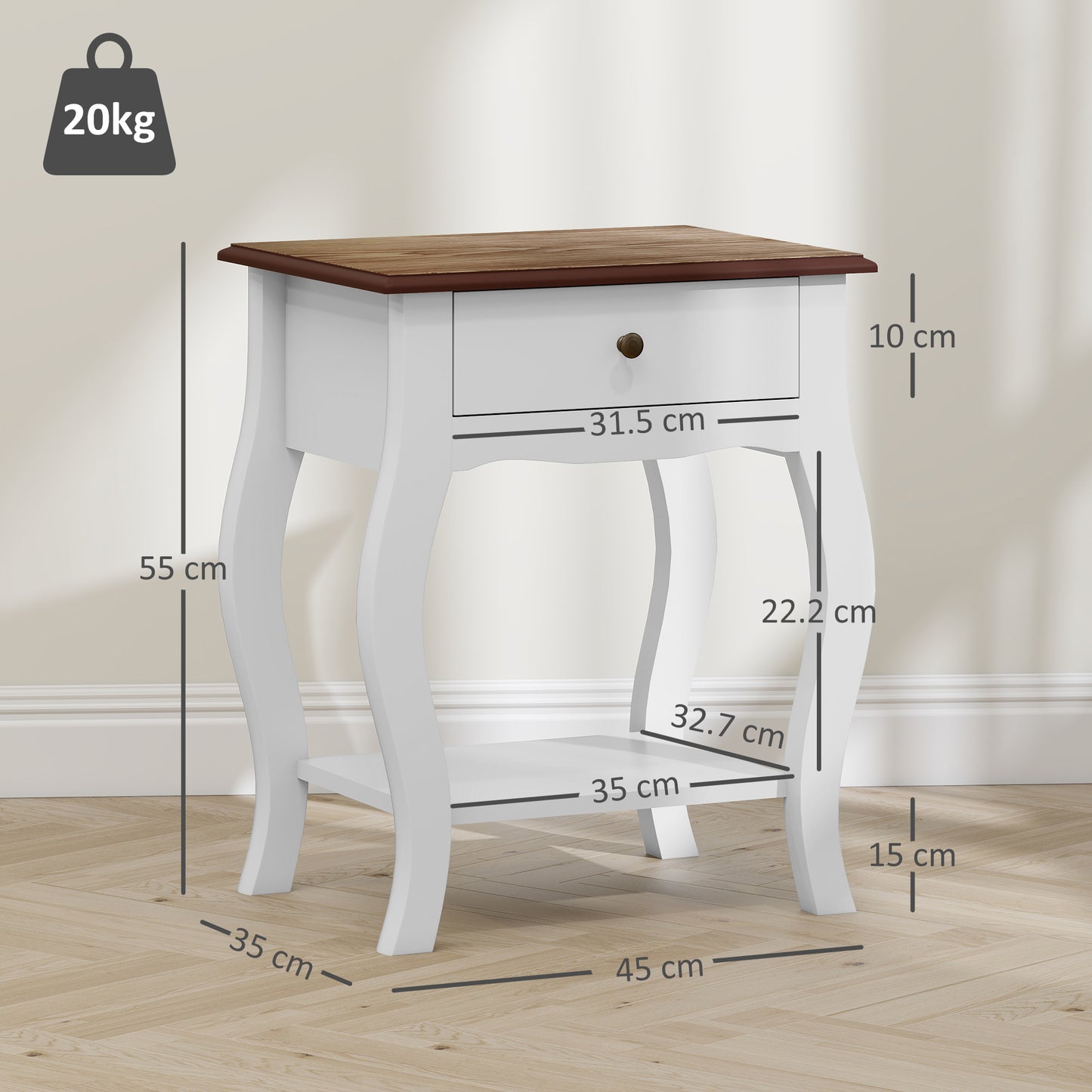 2 Pieces Bedside Tables with Drawer, French Style Bedside Cabinets with Open Shelf for Bedroom, Living Room, White