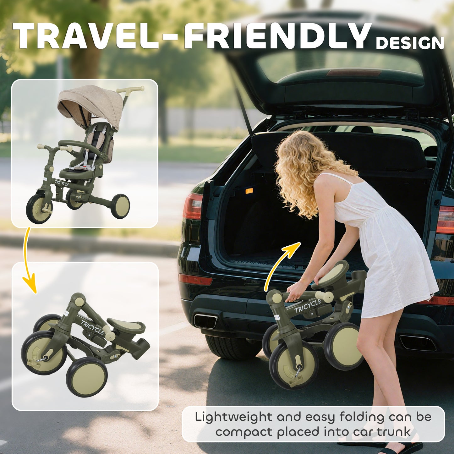 AIYAPLAY 5 in 1 Kids Trike with Adjustable Backrest, Toddler Tricycle with Push Handlebar, Adjustable Backrest