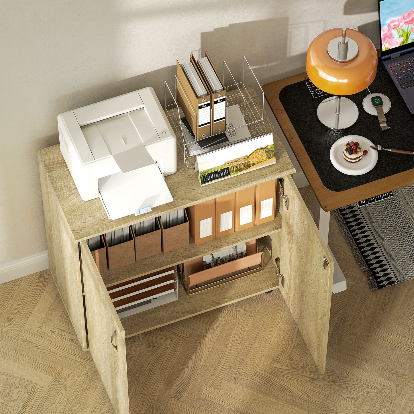 2 Tier Locking Office Storage Cabinet | 80x40x80cm | 2 Hinged Doors | Inner Shelf | 2 Keys | Anti-Slip Feet | Flat Top | 20kg | Oak
