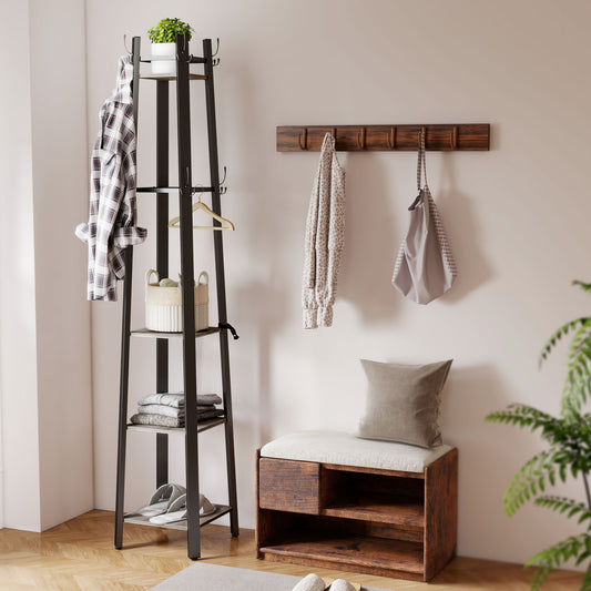 Industrial Coat Stand with 8 Hooks and 4 Shelves - Grey / Rustic Brown