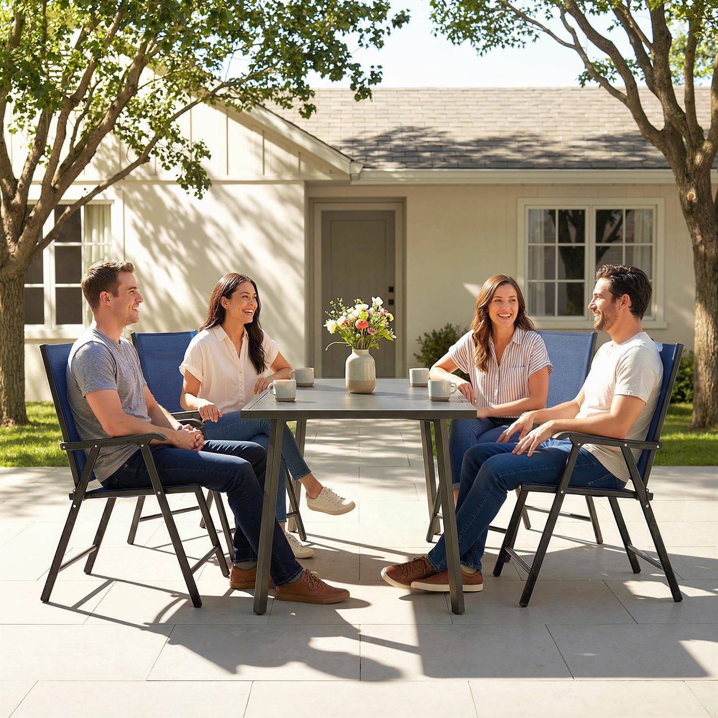 Set of 4 Folding Garden Dining Chairs | 60cm High Back | Curved Armrests | Texteline Fabric | 120kg | No Assembly | Navy Blue