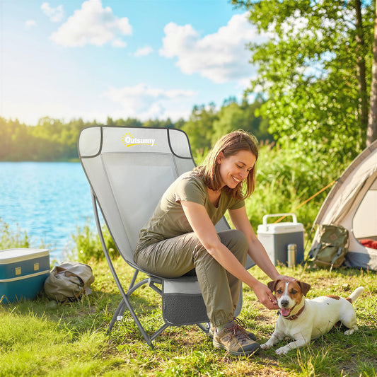 Outsunny Moon Camping Chair – Heavy Duty Folding Camp Chair, 120kg, Water-Repellent Oxford Fabric, Side Pocket & Carry Bag – Light Grey