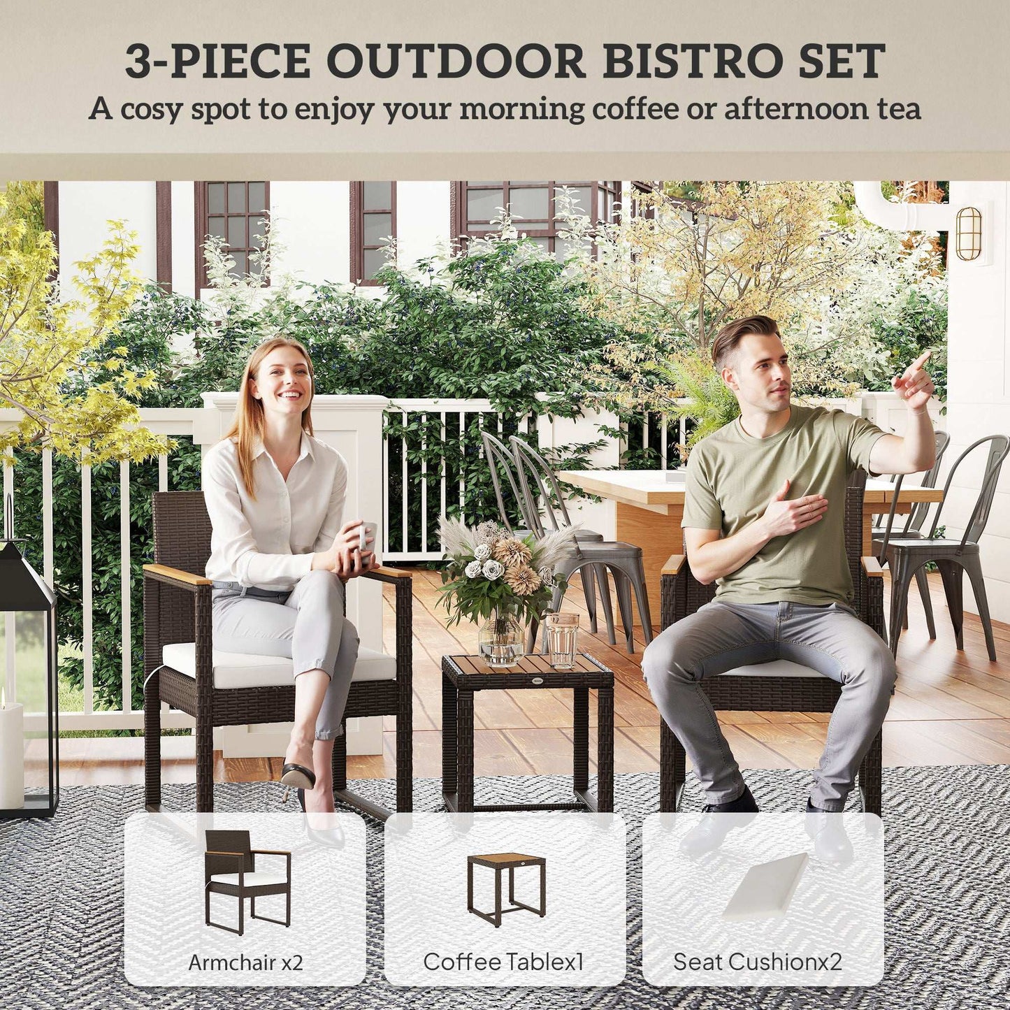 Outsunny Three-Piece Rattan Chair Set With Acadia Wood Table - Brown / Grey