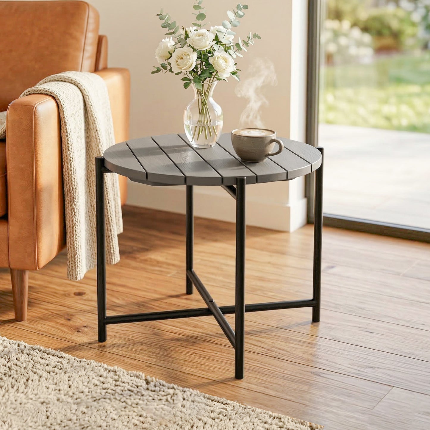 Industrial Garden Side Table | Slatted Fir Wood Top | Metal Frame | 54x54x45.5cm | 25kg | Dark Grey
