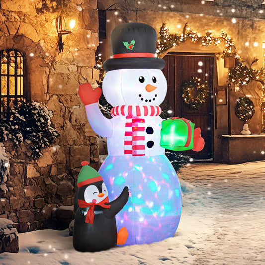 Outsunny 8FT Christmas Inflatable Snowman Holding Gift Box W/ Penguin, Blow Up W/ Rotating Colorful LED Light for Indoor, Outdoor