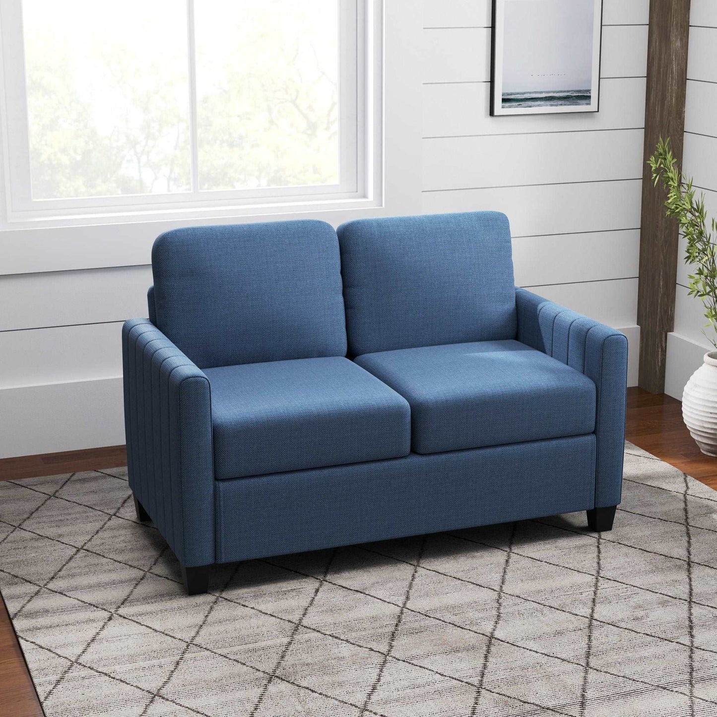2 Seater Sofa, Channel Tufted Modern Fabric Couch, Comfy Upholstered Loveseat with Spring Cushion, Back Pillow, for Living Room - Blue