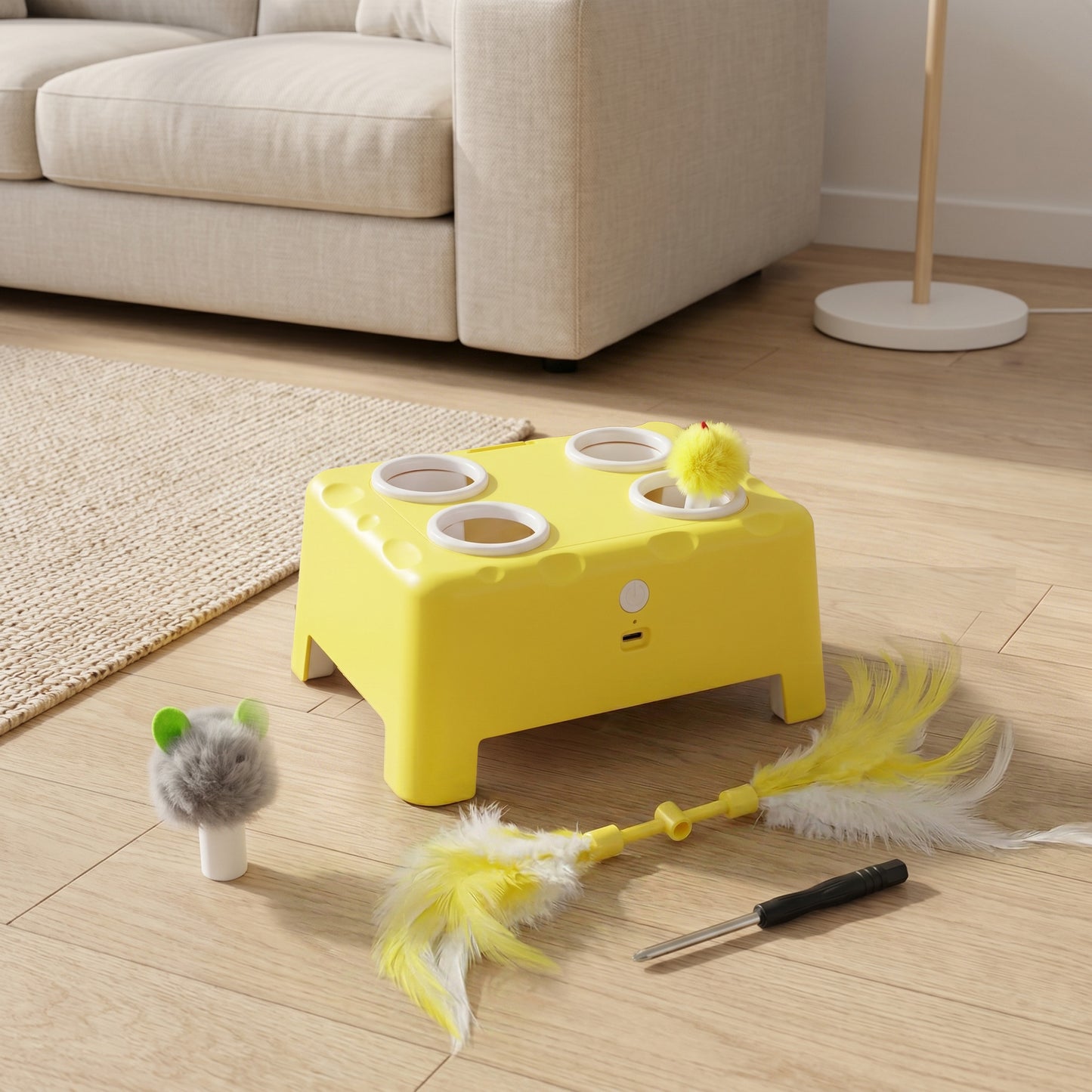 3-in-1 Interactive Cat Toy | Popping Mouse | Spinning Feather | USB-C | 15-Min Auto-Rest | Multi-Cat | Yellow