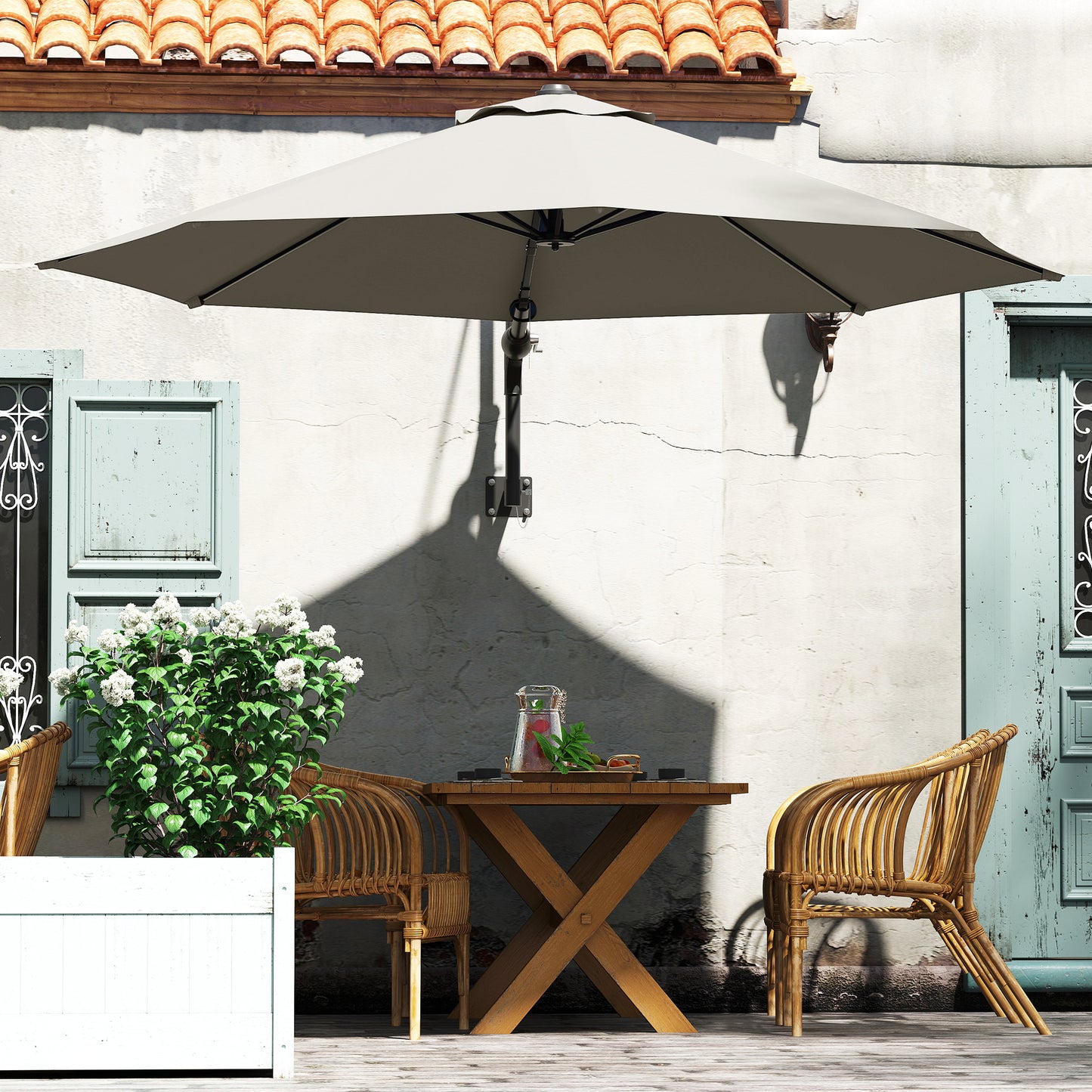 Outsunny 3(m) Wall-Mounted Parasol Shade, with Handle - Light Grey / Khaki / Orange