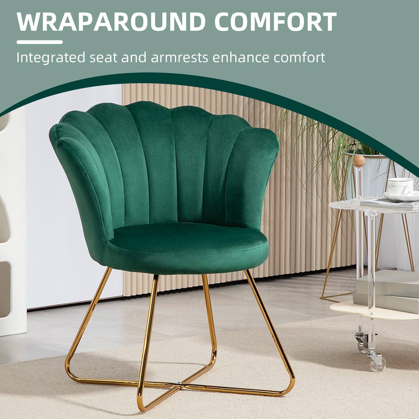 Vintage Retro Style Velvet-Feel Lotus Petal Accent Chair - Green