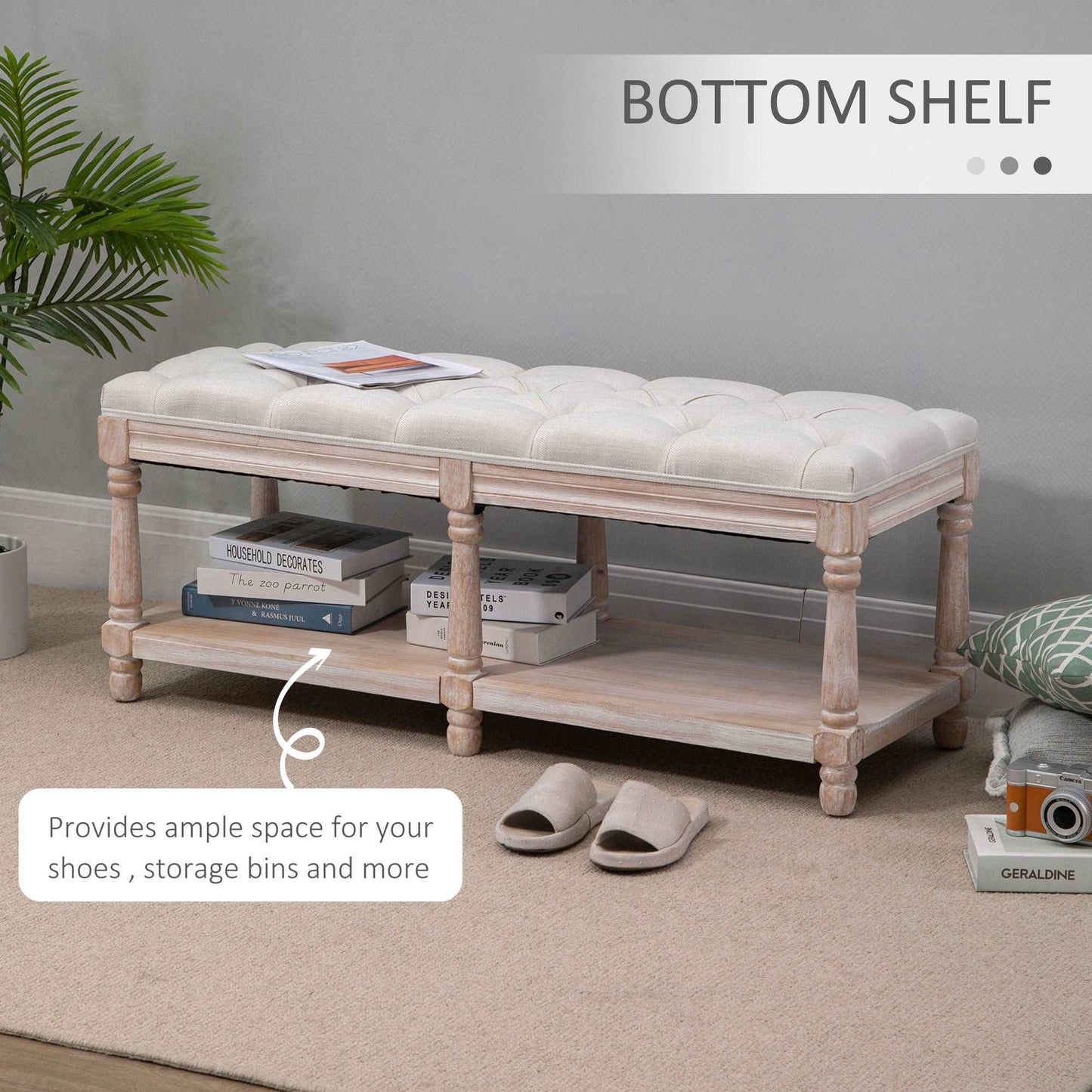 2 Tier Shoe Rack Bench with Button Tufted Upholstered Cushion, Vintage Bed End Bench, Wooden Window Seat for Hallway, Living Room, Cream White