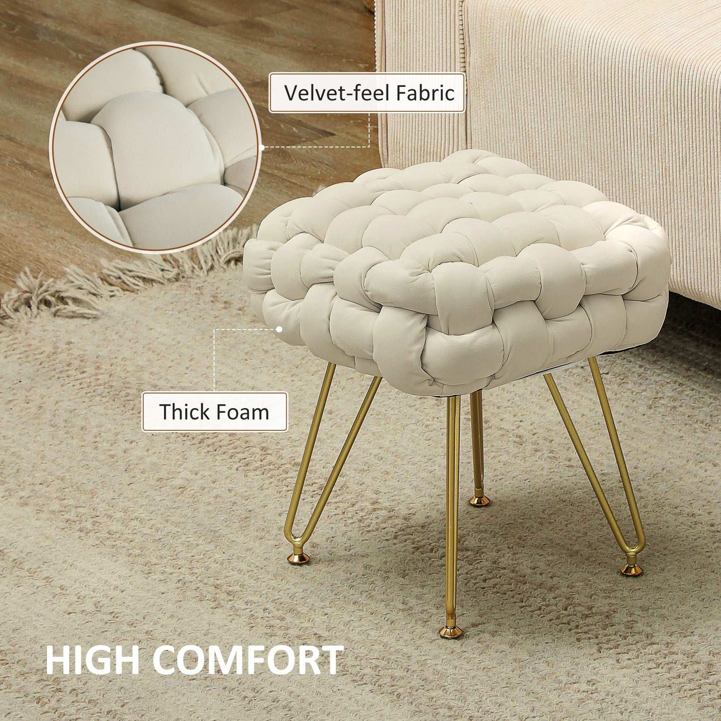 Velvet-Feel Bold Woven Footstool - Cream White