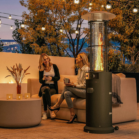 11 KW Freestanding Gas Patio Heater, Adjustable Outdoor Garden Propane Heater with Tip-Over Switch, Wheels, Pulse Ignition, Tank Room with Door
