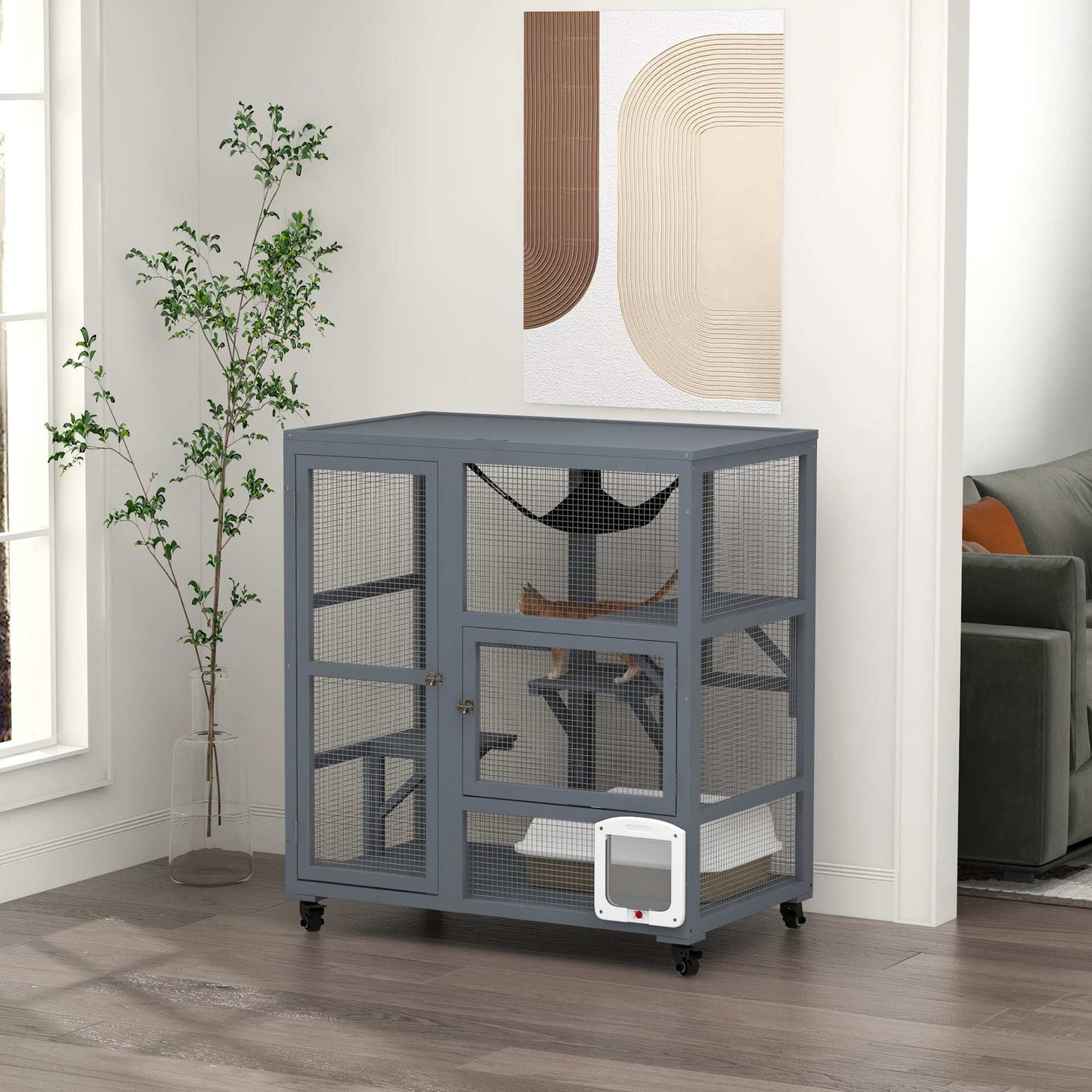 PawHut Cat Cage House, Catio Cat Outdoor Enclosure on Wheels, Weather-Resistant Wooden Kitty Cage W/ Platforms, 100L x 60W x 110Hcm - Light Grey