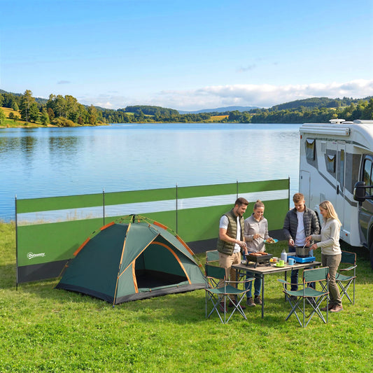 Camping Windbreaker with Clear Windows | 725x140cm | Steel Poles | 15 Stakes & 10 Guy Ropes | Beach & Caravan | Army Green