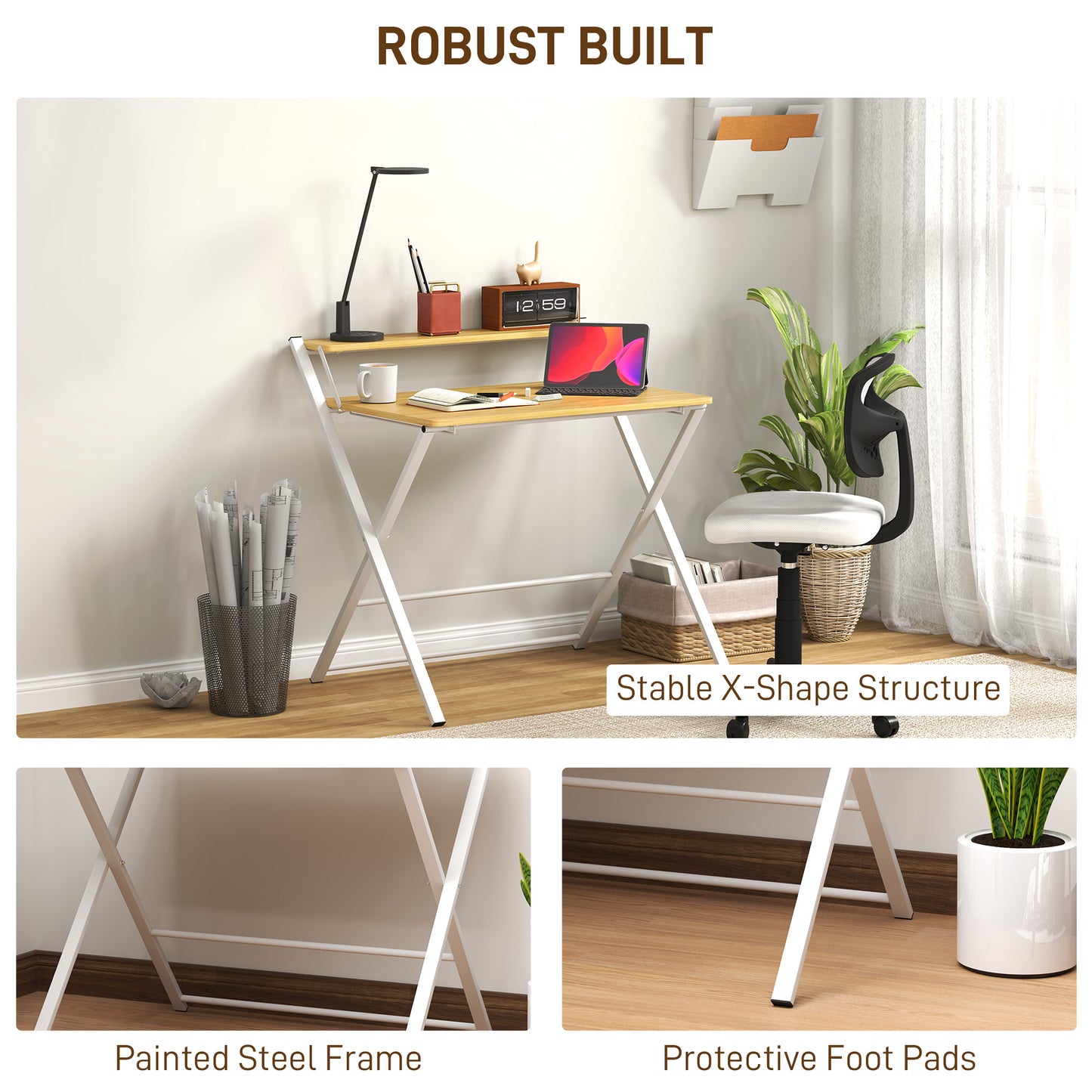 Compact Folding Desk for Small Spaces, Foldable Computer Desk W/ Storage Shelf for Home Office, 2-Tier Study Writing Table, 86 x 66 x 82 cm,
