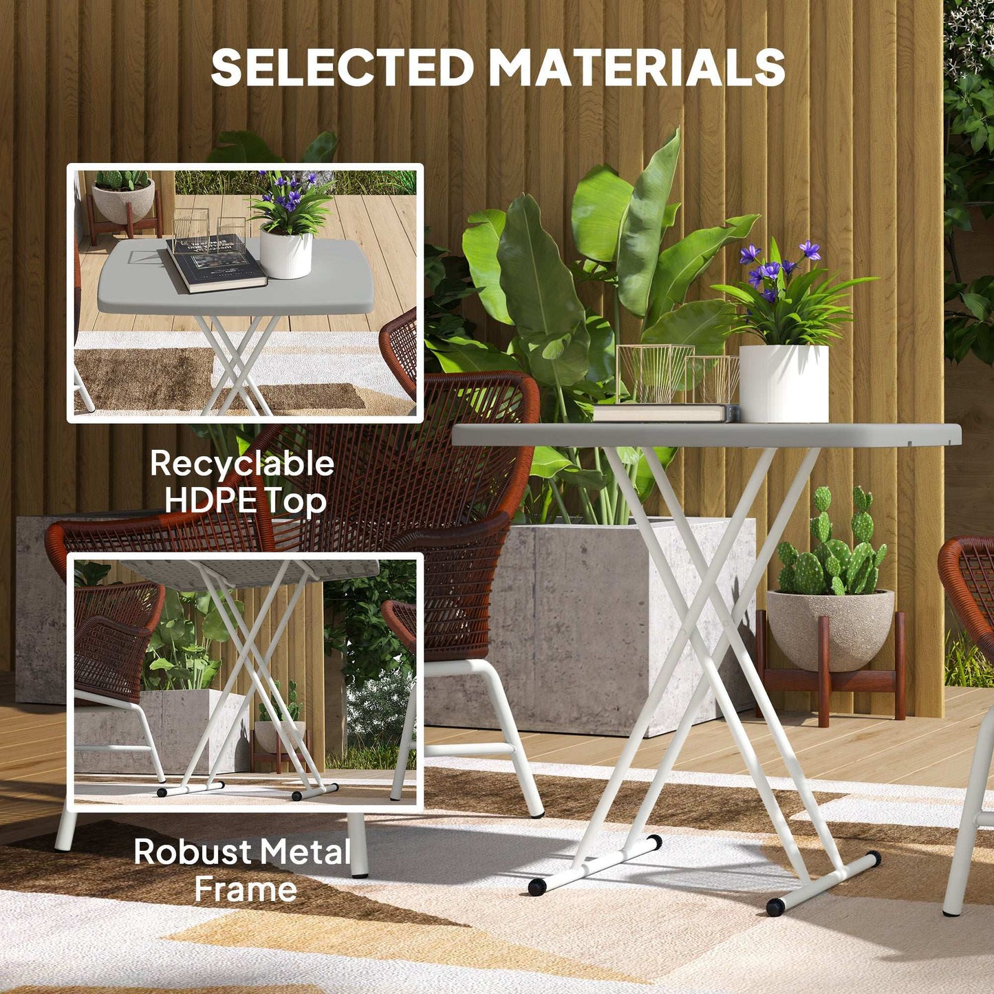 Outsunny Portable Folding Coffee Table, Height Adjustable Garden Table Bistro Table with HDPE Top and Metal Frame for Balcony Poolside Deck
