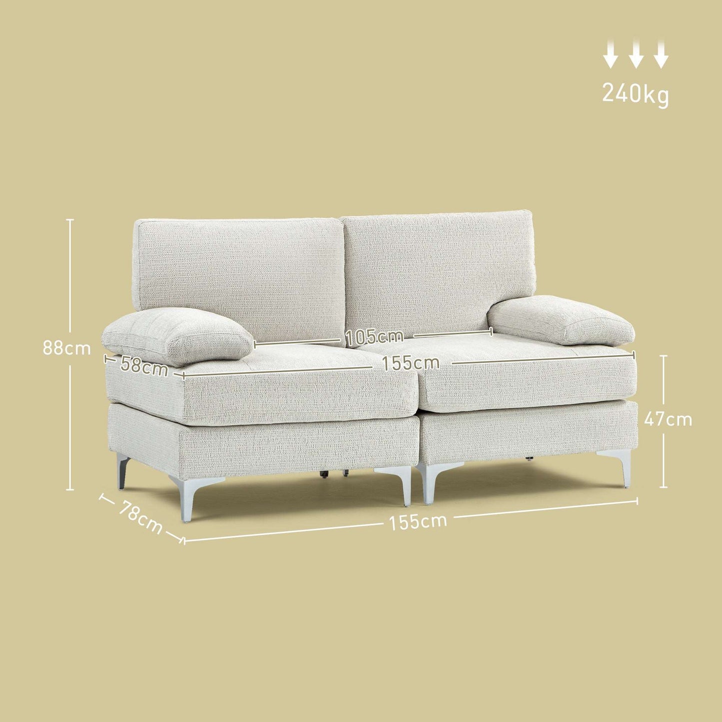 2 Seater Sofa, Modern Fabric Loveseat with Spring Cushion and Metal Legs, Small Couch for Living Room, Bedroom, Home Office, Reception, Cream White