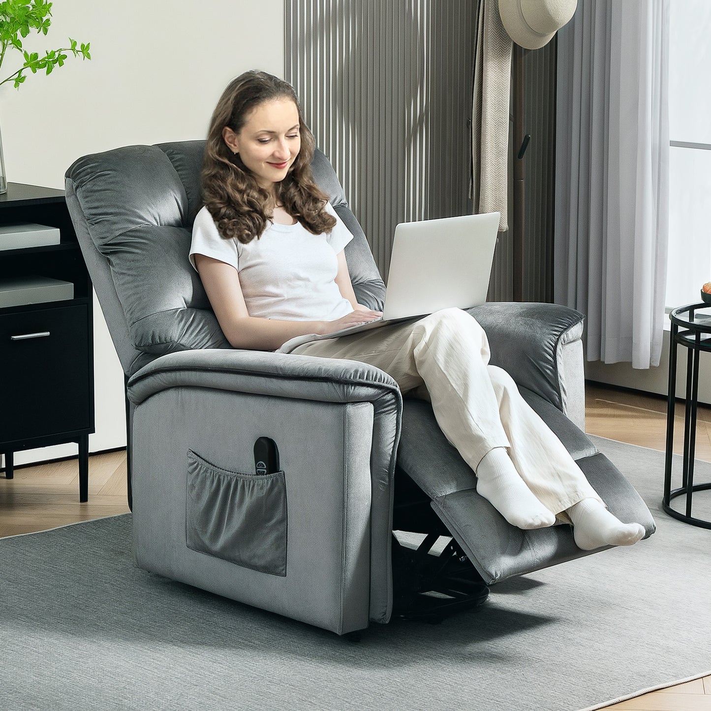 Velvet-Feel Electric Lift Recliner Chair - Dark Grey