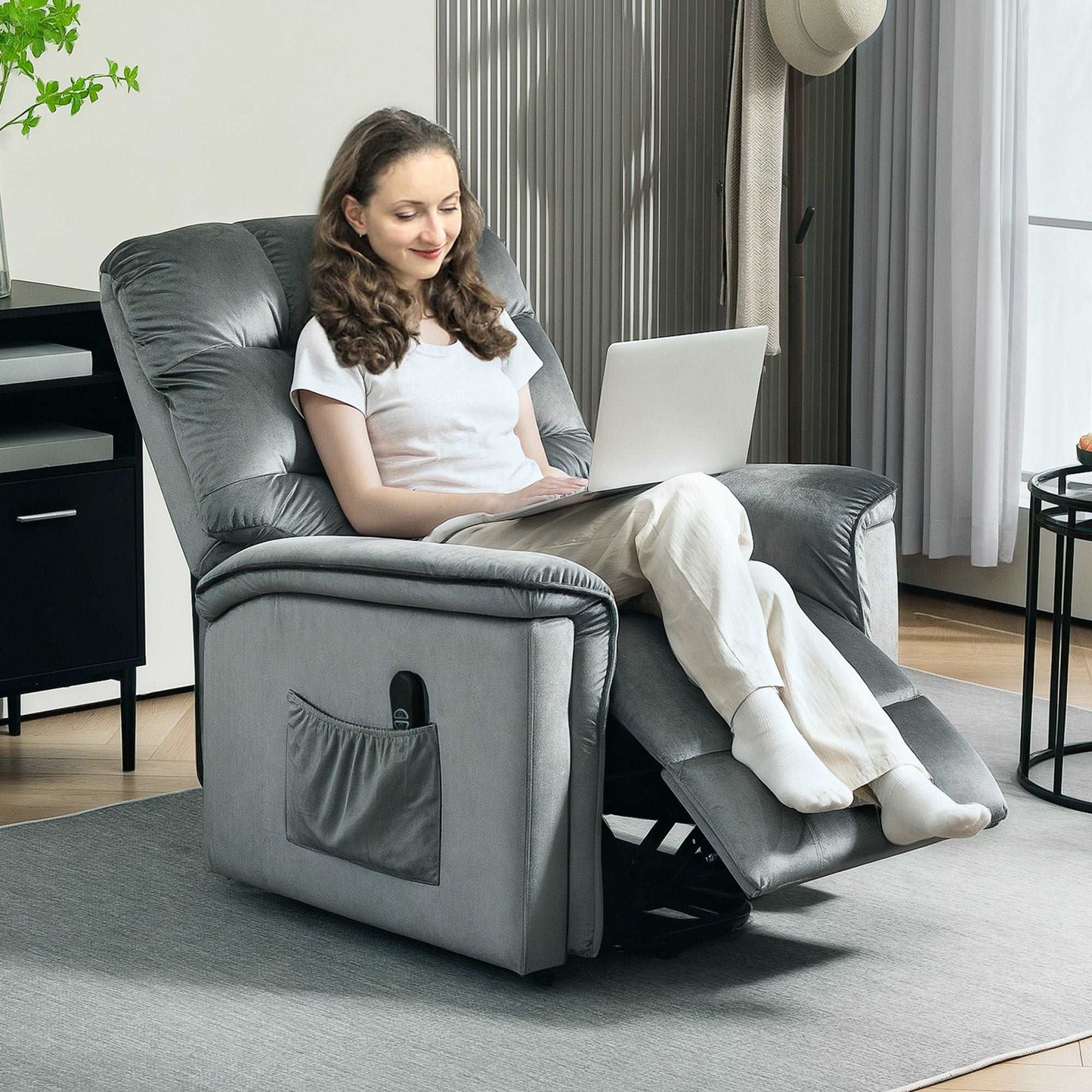 Velvet-Feel Electric Lift Recliner Chair - Dark Grey