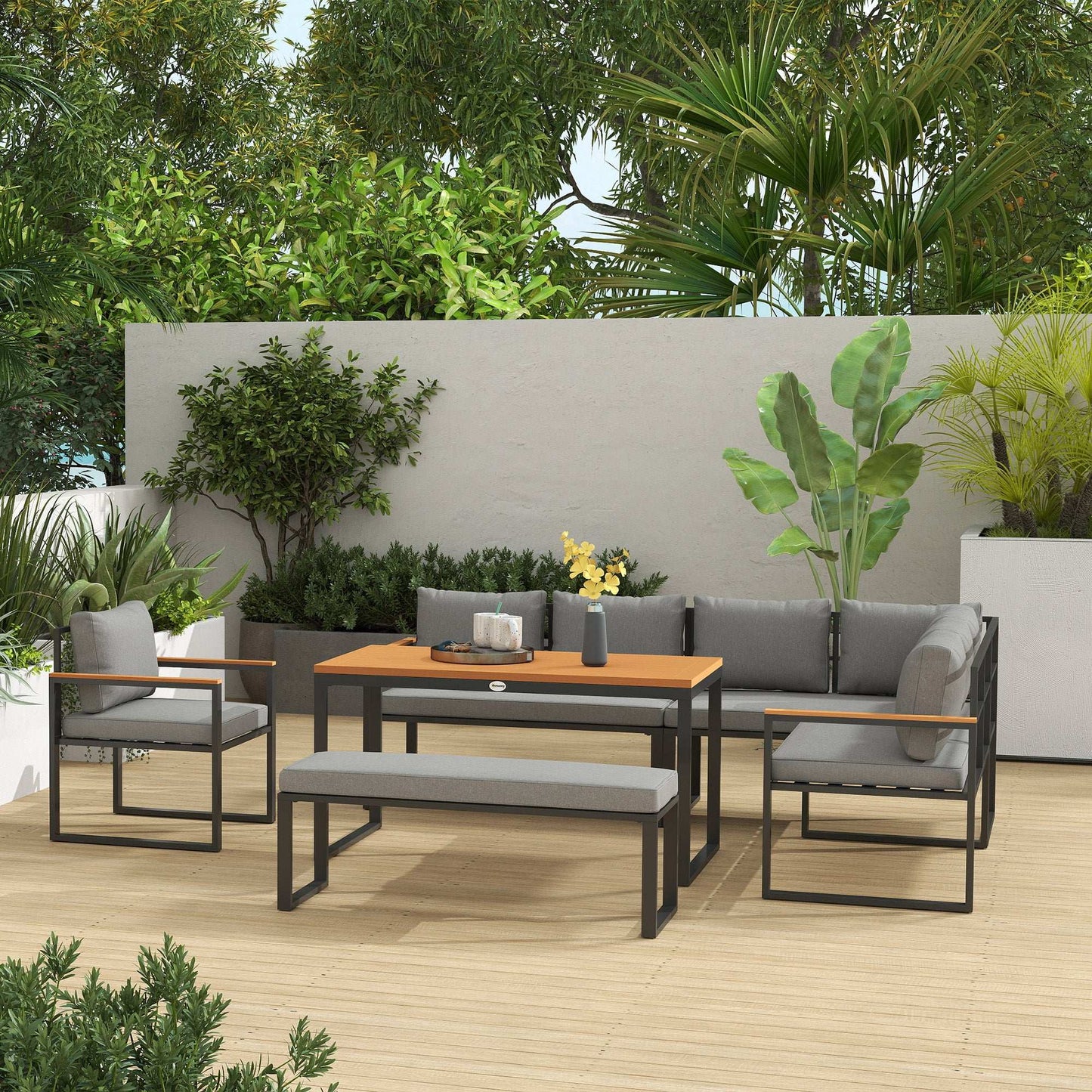 Outsunny Six Piece L Shaped Garden Furniture Set with 3 Loveseats - Natural Wood Finish