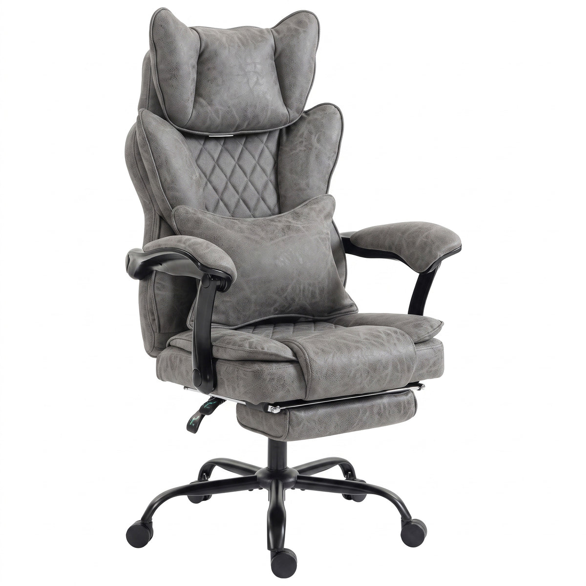 Executive Office Chair | Leathaire | 13cm Spring-Core Seat | 135° Recline & Pull-Out Footrest | Linkage Armrests | Lumbar Pillow | Adjustable Headrest | Fire-Retardant | 180kg | Up to 190cm | Black / Grey