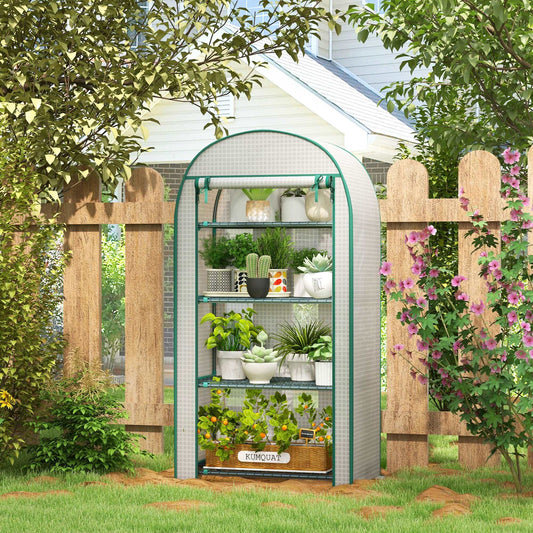 80 x 49 x 160cm Mini Greenhouse for Outdoor, Portable Gardening Plant Green House W/ Storage Shelf, Roll-Up Door Metal Frame And PE Cover, White