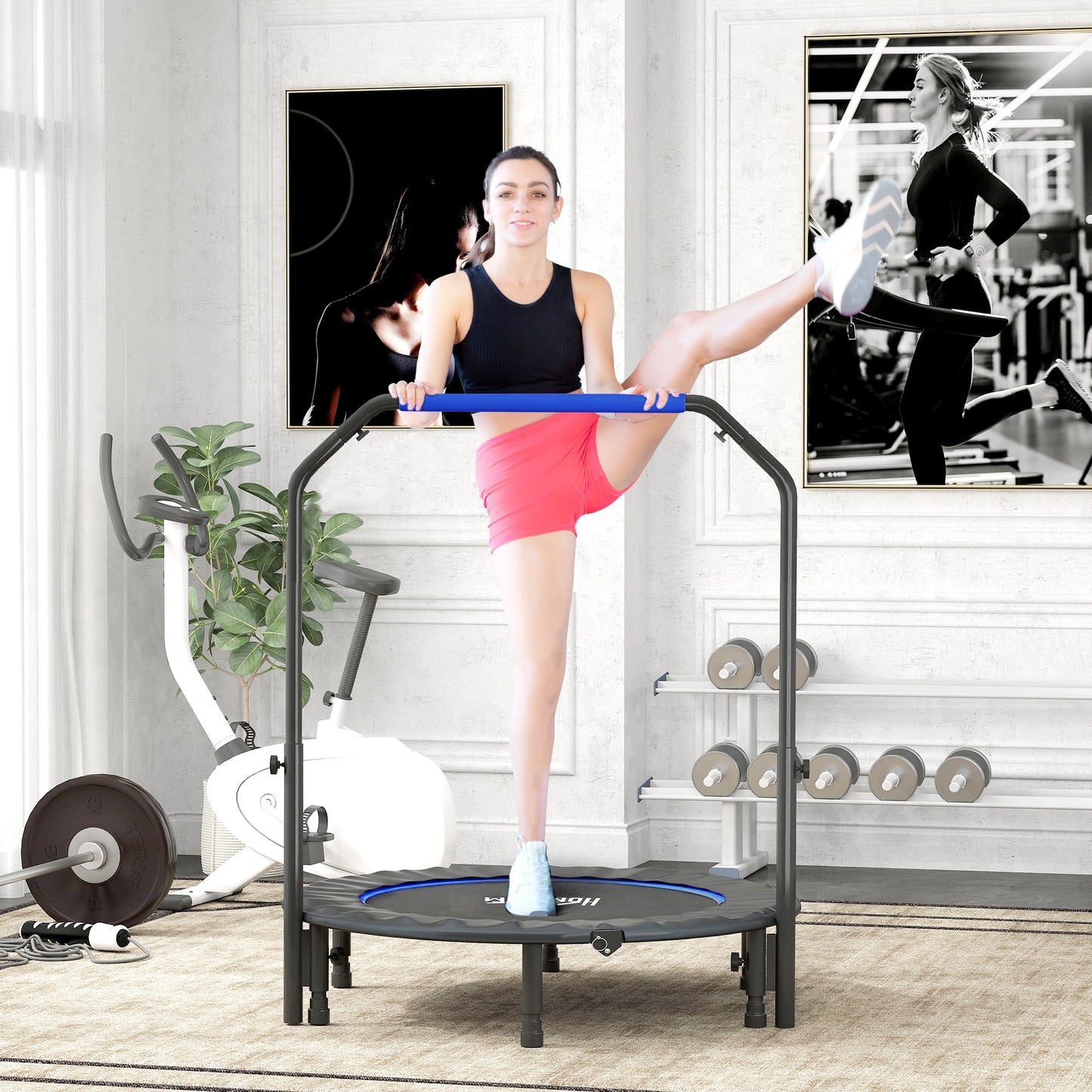 45" Foldable Mini Fitness Trampoline, with Adjustable Foam Handle, Blue / Orange / Pink