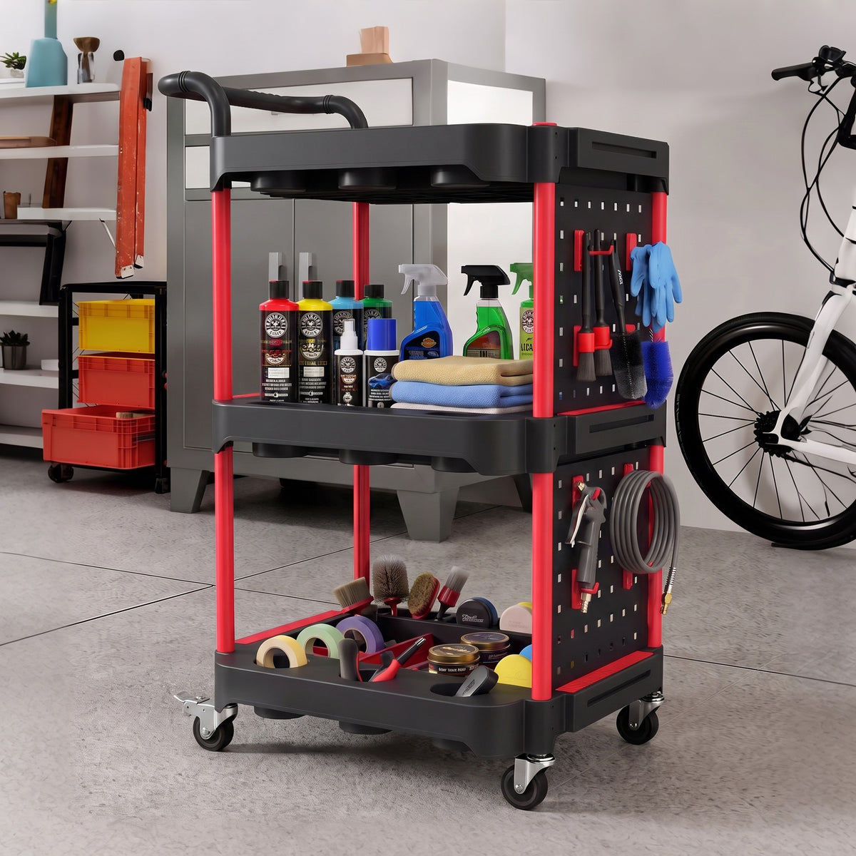 3-Tier Rolling Tool Cart | Mobile Workshop Trolley with Pegboard, 8 Hooks & 2 Brakes | 130 kg Capacity | Black & Red