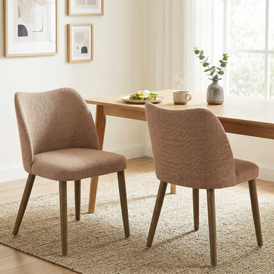 Dining Chairs Set of 2, Linen Upholstered Kitchen Chairs with Padded Seat, Curved Backrest, Rubberwood Legs, Brown