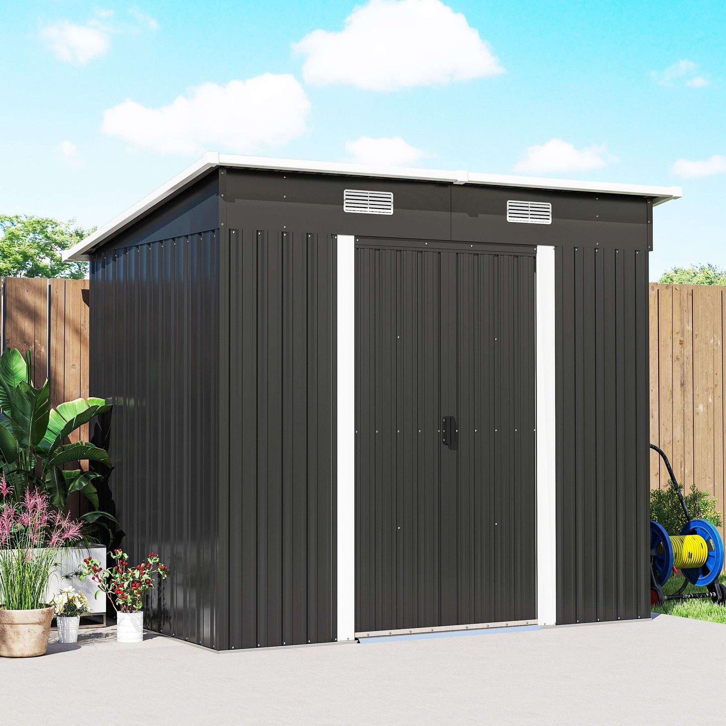 7x4ft Lean-To Metal Garden Shed | Corrugated Galvanised Steel | Sloped Roof | Sliding Door | 2 Front Vents | Foundation Kit Included | 203x130x182cm | Black