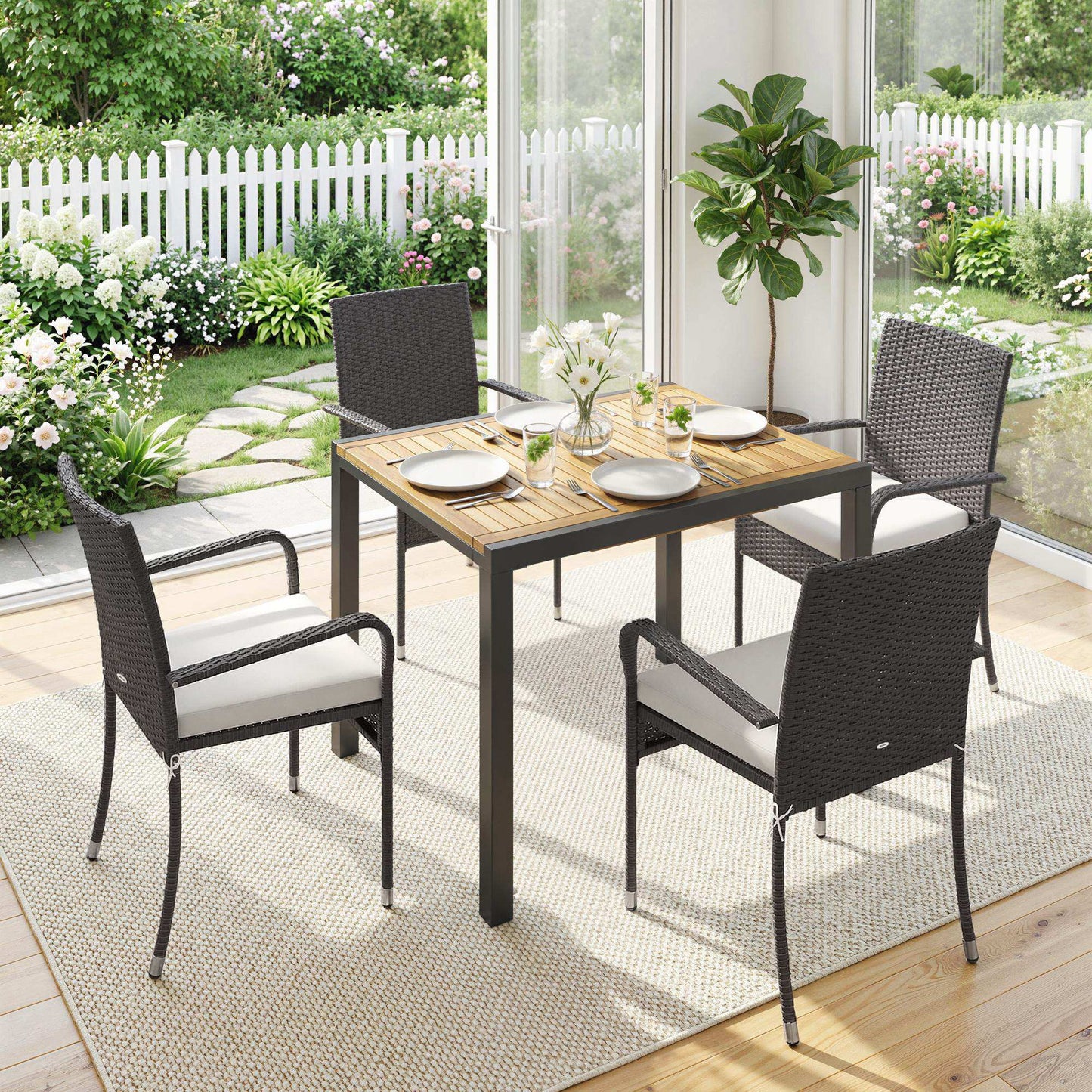 7-Piece Rattan Garden Furniture Set | 6 Seater | Extendable Acacia Wood Table 100-150cm | 6 Stackable High-Back Armchairs | Washable Cushion Covers | PE Rattan & Steel Frame | Cream