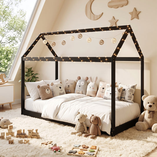 Single House Bed Frame | Pine Wood Kids Bed with Roof Frame, 15 Slats & 120 kg Capacity | 90 x 190 cm Mattress | Black