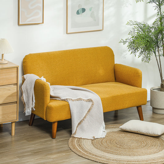 Vintage Retro Style Velvet Feel Fabric 2 Seater Sofa, Small Sofa Loveseat with 21cm Thick Padding and Wood Legs, Yellow