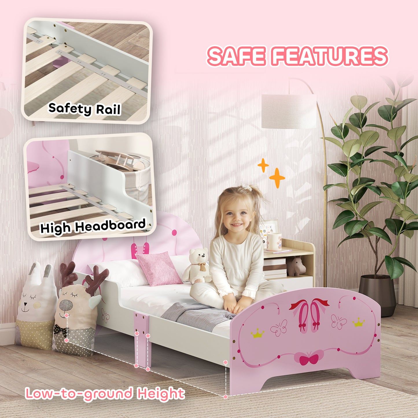 AIYAPLAY Kids Bed with Safety Rails, Kids Clothes Rail, Kids Full Length Mirror, 3 Piece Kids Furniture Set for Bedroom, Pink