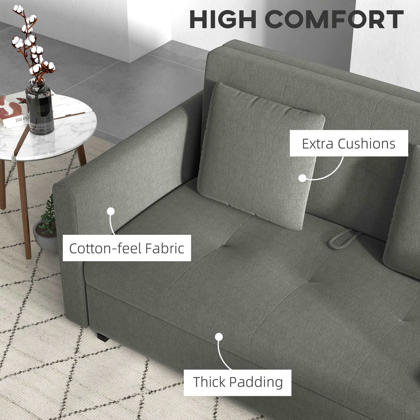 2 Seater Sofa Bed, Convertible Bed Settee, Modern Fabric Loveseat Sofa Couch w/ Cushions, Hidden Storage for Guest Room, Light Grey