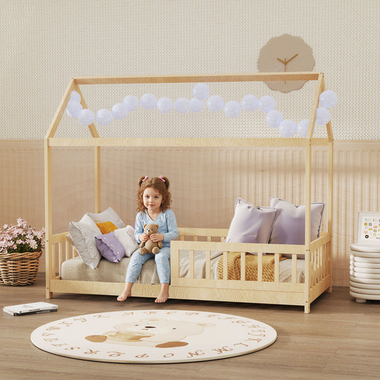 House-Shaped Kids Bed Frame with Guard Rails, Solid Pine Wood Single Bed Frame for Kids Boys and Girls, Natural
