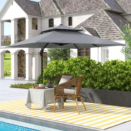 Outsunny 3 x 3(m) Cantilever Parasol with Aluminium Frame, Crank and Tilt, 360° Rotation, Double Top Garden Umbrella with Base and Cover, Light Grey
