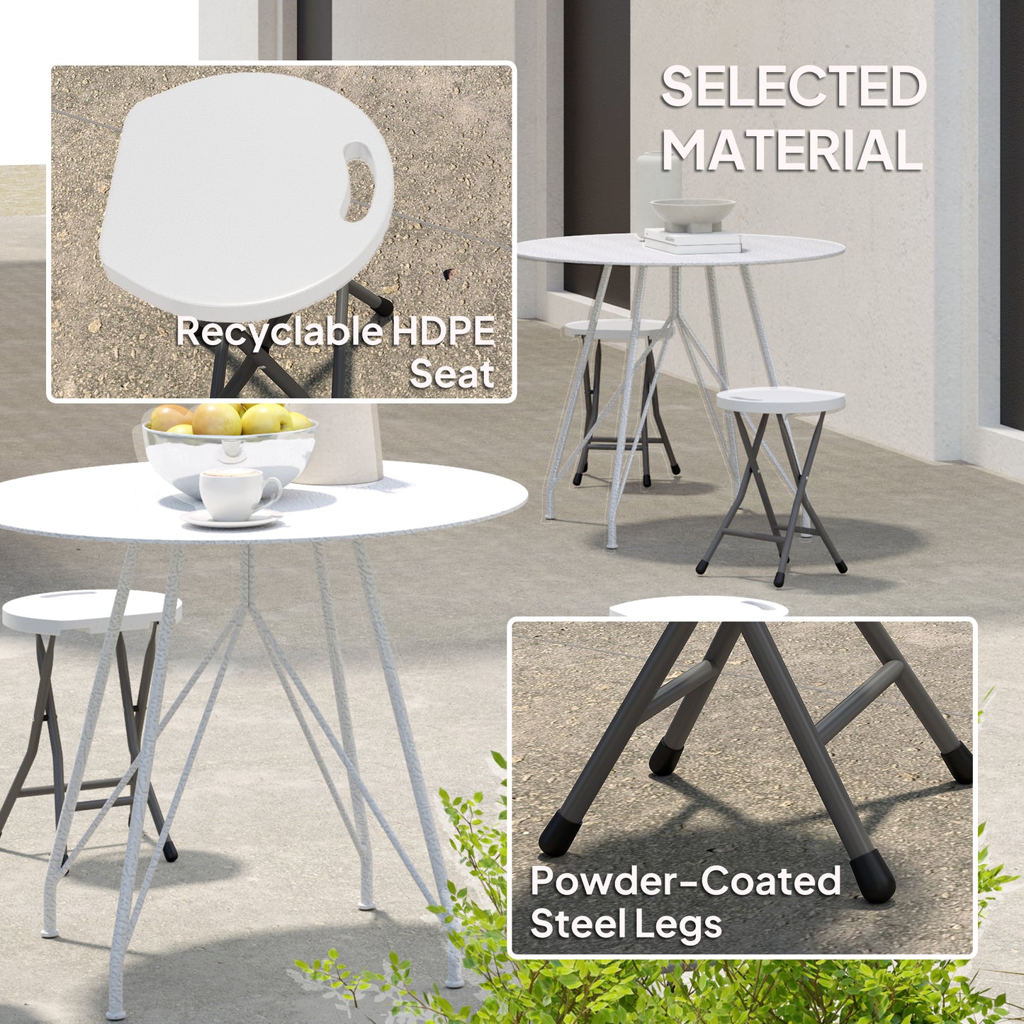 Outsunny Folding Stool Set of 4, Decorative Garden Stool Set with Safety Latch, Foldable Garden Stools with Powder-Coated Steel Legs HDPE Seat and Handle for Indoor and Outdoor, White
