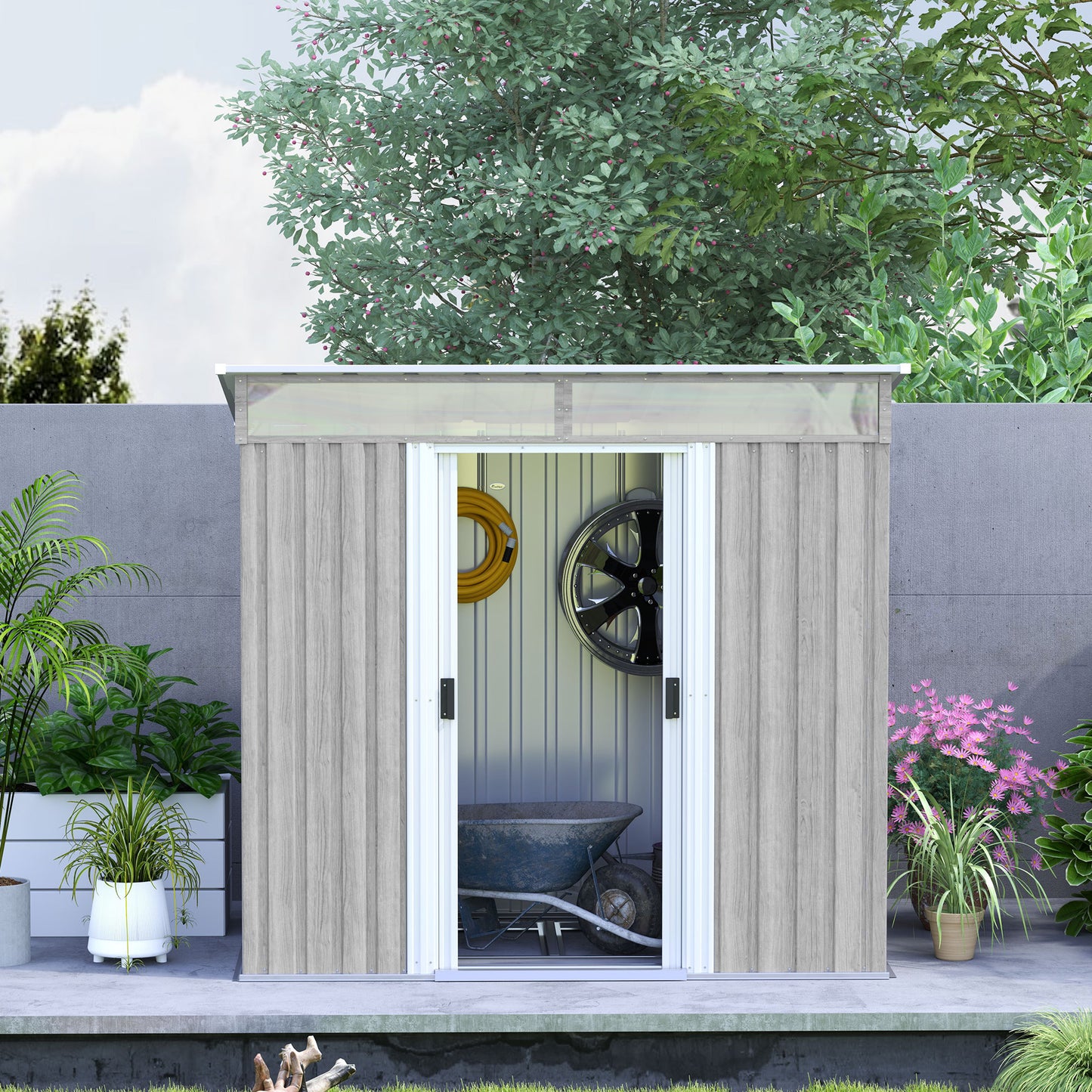 Outsunny 6.5 x 4FT Galvanised Metal Shed with Foundation Kit, Lockable Tool Garden Shed with Double Sliding Doors, Vents, Light Grey Wood Effect