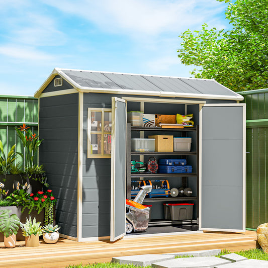 PP & Aluminium Garden Storage Shed | Wood-Grain Texture | Apex Roof | 116cm Double Doors | Lock & Keys | 2 Windows | 2 Vents | UV-Resistant | 40kg/m² Snow Load | 244x131x201cm | 2.77m² | Light Grey