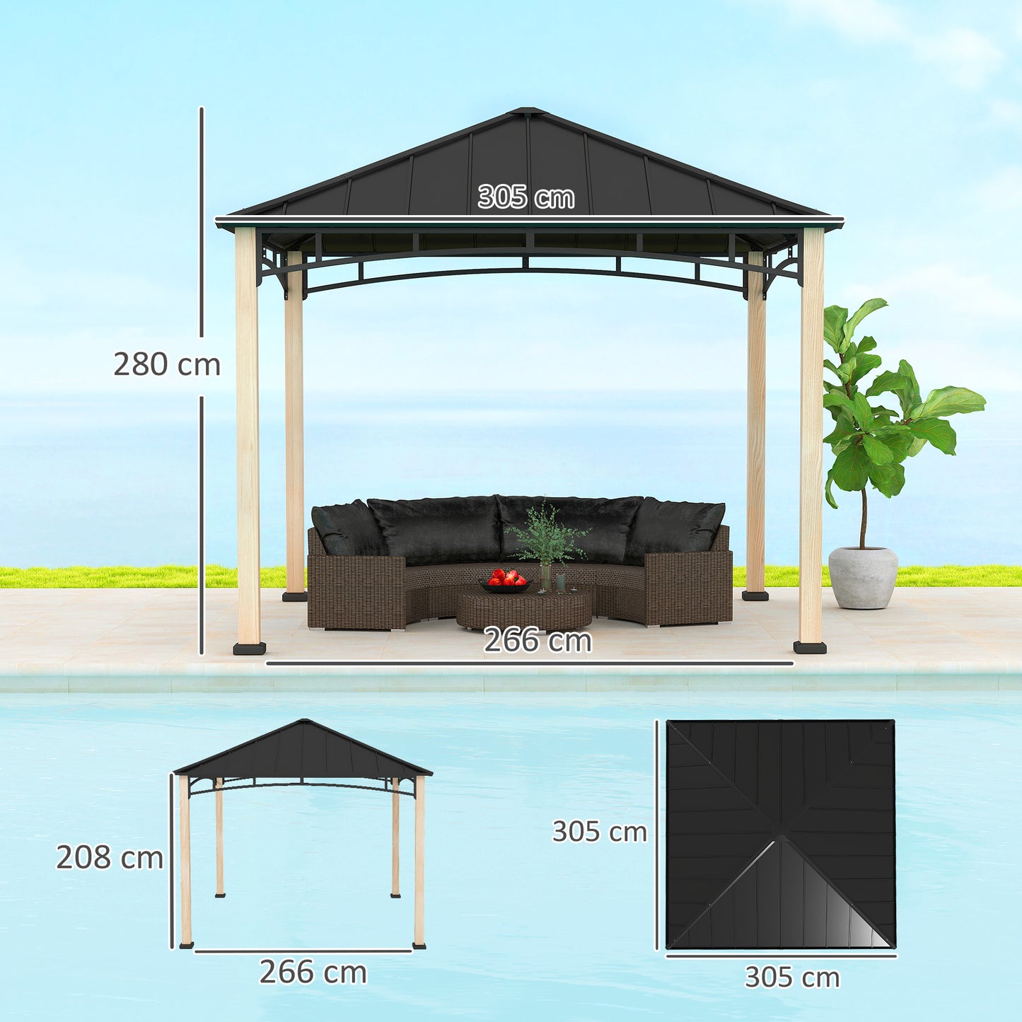 3 x 3(m) Hardtop Gazebo Canopy with Galvanised Metal Roof, Garden Gazebo Permanent Pavilion with Wood Grain Strong Columns