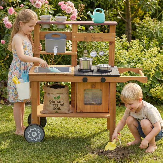 Children's Wooden Mud Kitchen with Wheels β Running Water Tap, Stove, Flower Pots & 12 Stainless Steel Accessories, Ages 3β6