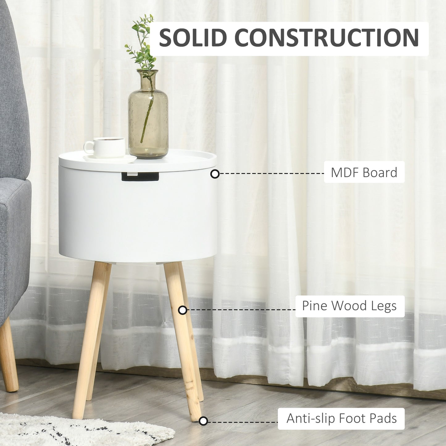 Modern Side Table With Hidden Storage Space, Round Night Stand / Removable Tray Wood Frame End Coffee Table, Set of 2 - White