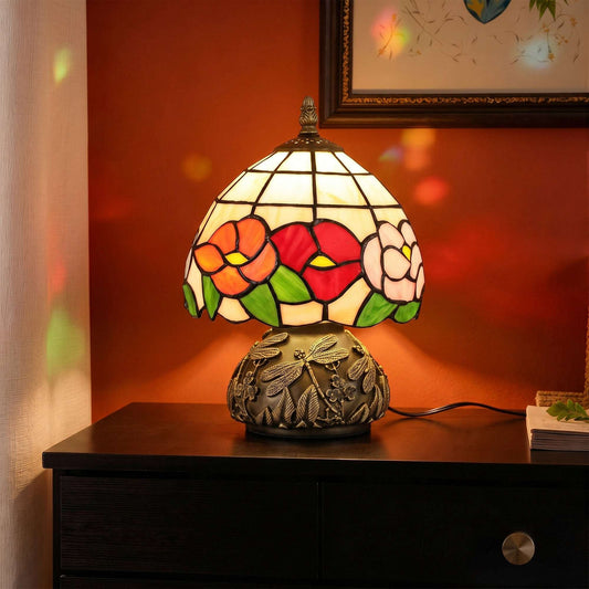 Tiffany-Style Handcrafted Stained Glass Table Lamp | Floral Motif | Sculpted Dragonfly Bronze Resin Base | Rocker Switch | E27 40W Max | 150cm Cable | Φ20x28cm | Multi-Coloured